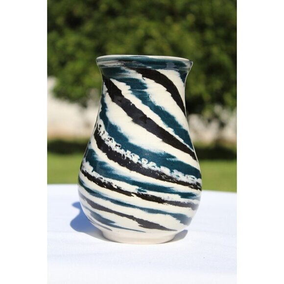 Ceramic Porcelain Marbled Blue and Black Vase Art Studio Pottery Signed - Picture 1 of 9